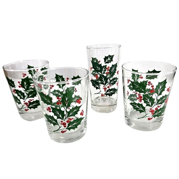 4 Lot Vintage Libby Holly Berry Christmas Drinking Glasses 1 Tumbler 3 Rocks - Picture 1 of 10